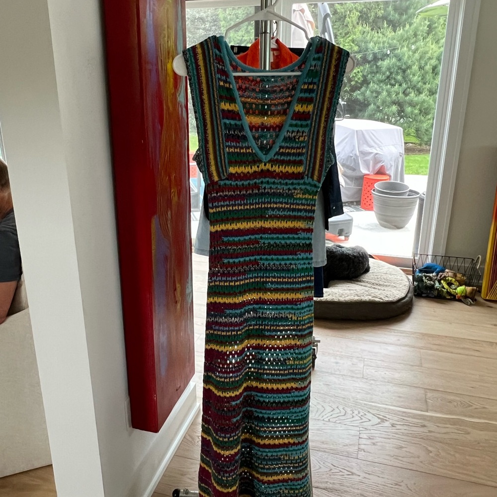Zara Blue and Orange Sleeveless V-Neck Sheath Maxi Dress